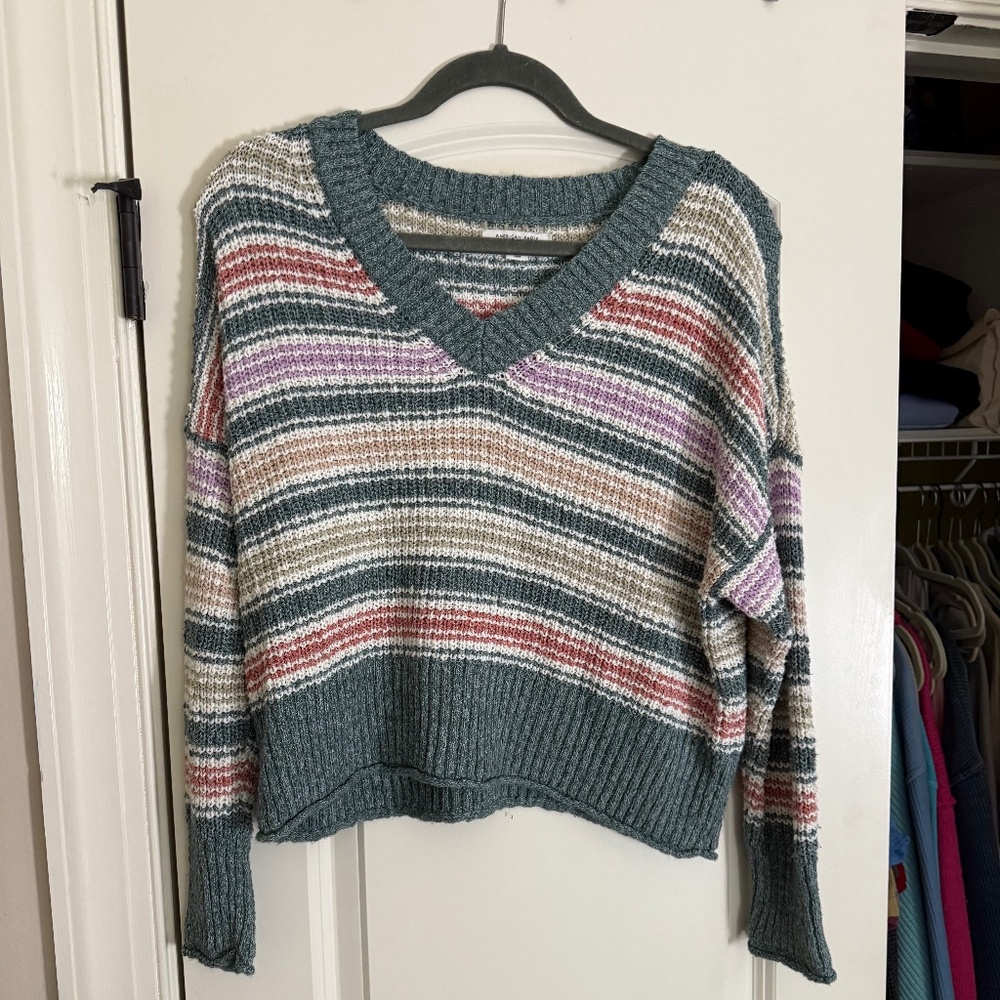 American Eagle Small Cropped Sweater - teal, white, purple, pink striped